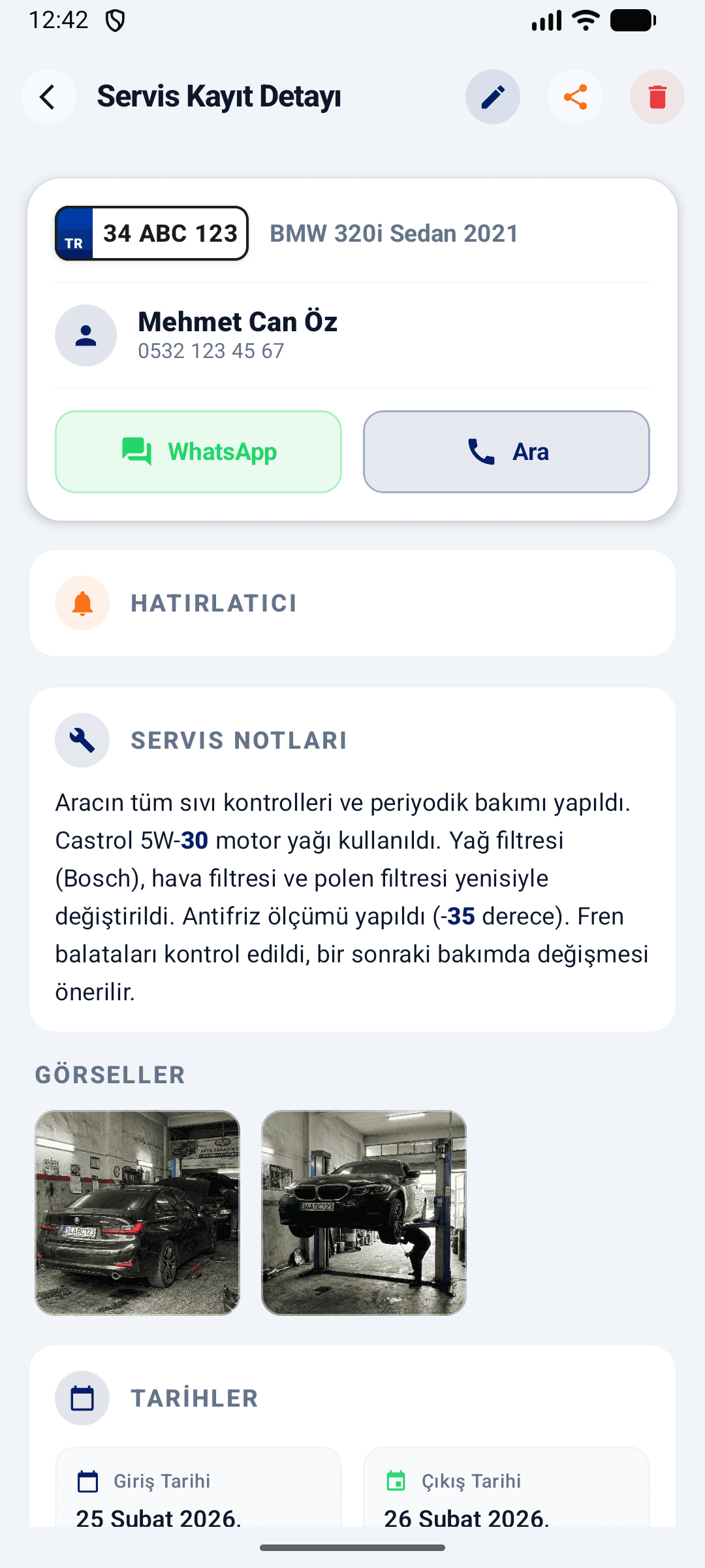 Tamir Defteri mobil — iş detayı
