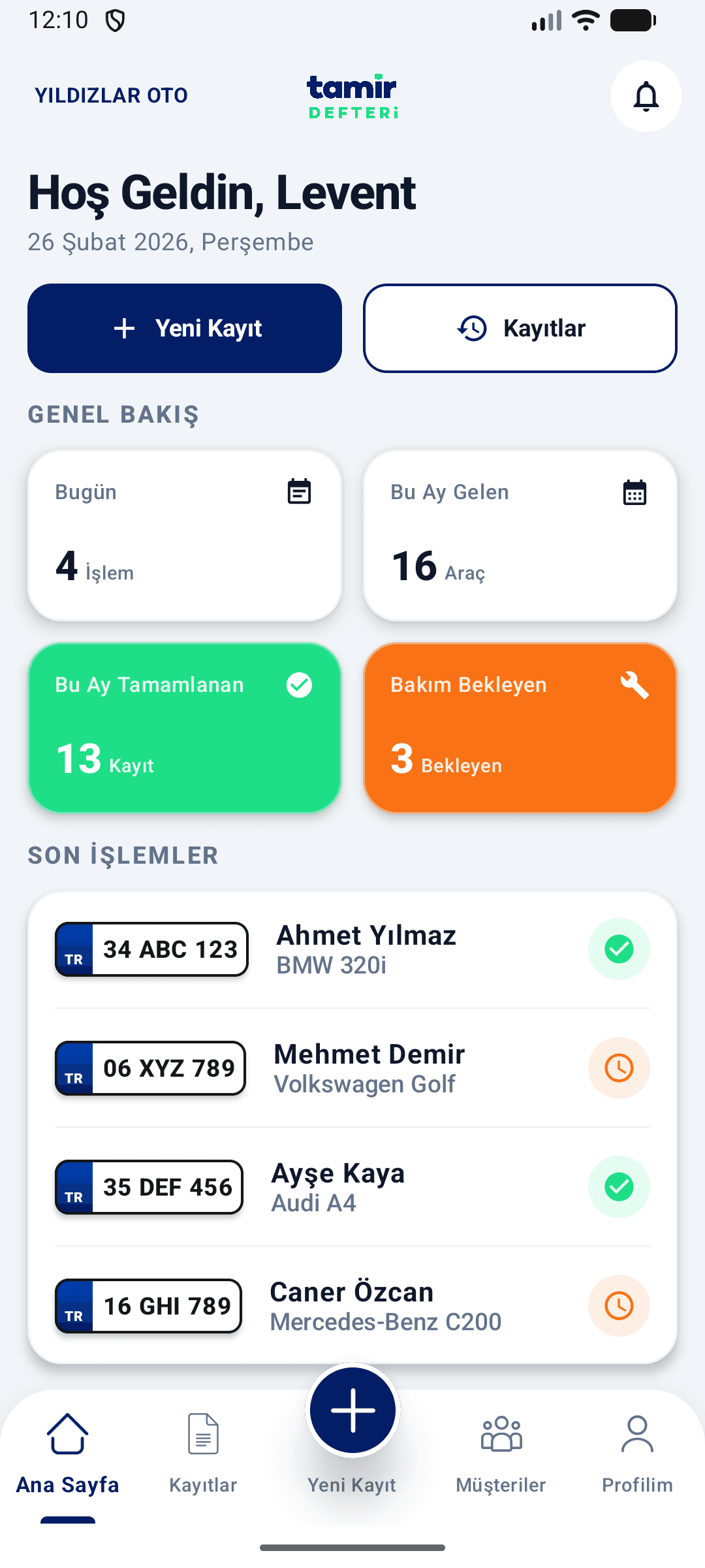 Tamir Defteri mobil — ana ekran