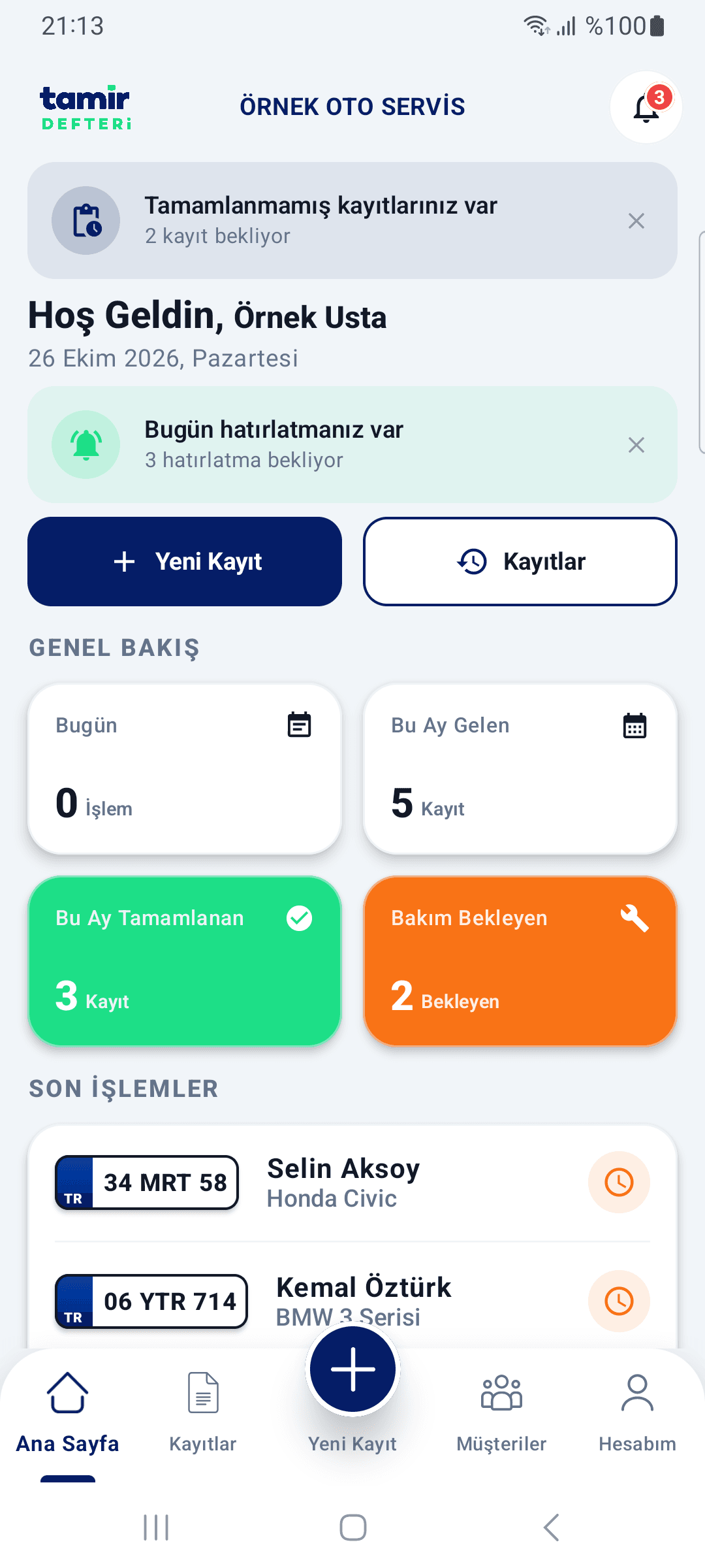 Tamir Defteri mobil — ana ekran