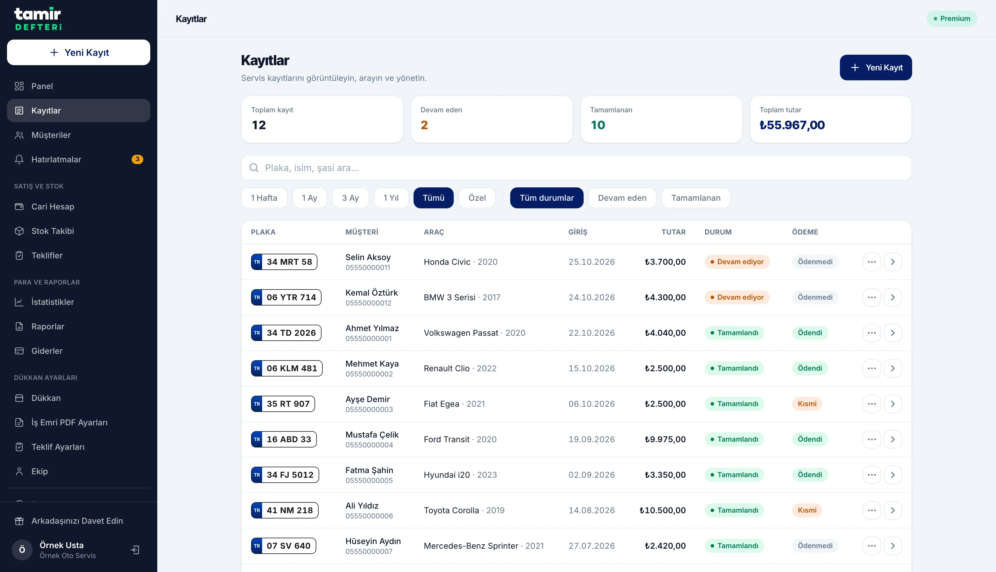 Tamir Defteri web paneli — Kayıtlar ekranı