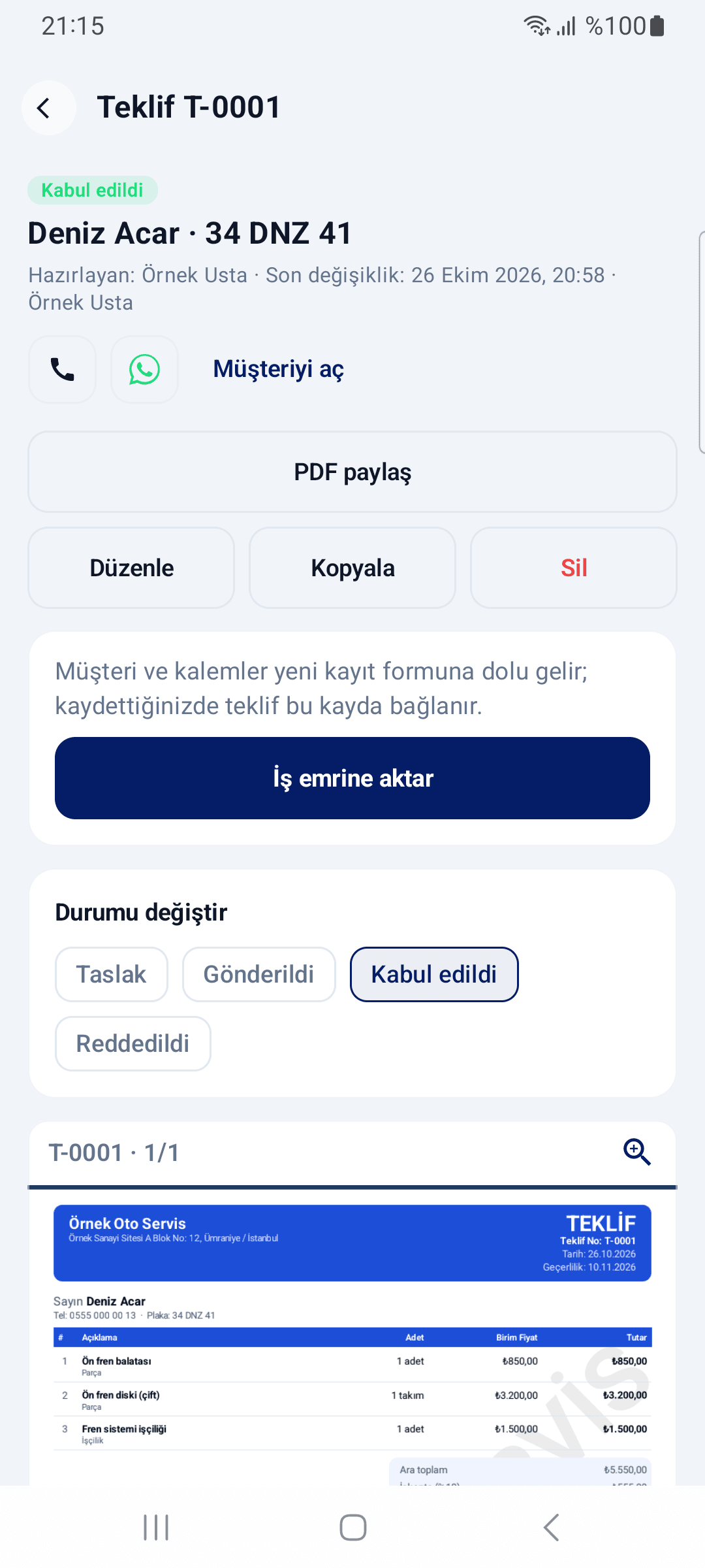 Tamir Defteri mobil — teklif ve PDF önizlemesi